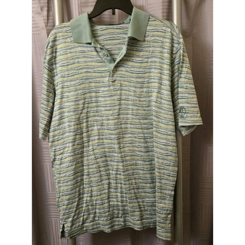 Bugatchi Uomo Mens Polo Shirt Size Large Wavy Striped Green Short Sleeve